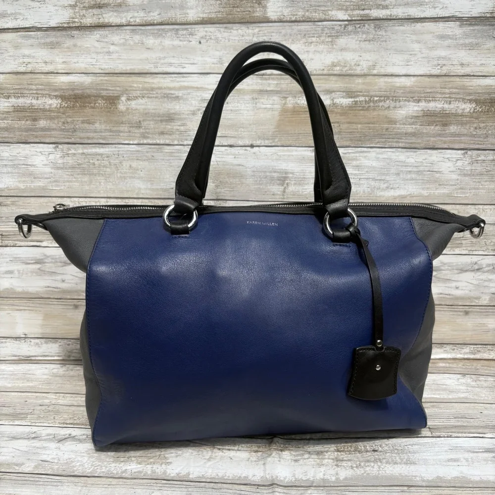 Karen Millen Satchel Bag OS Blue Black Leather Colorblock Tote Purse Quiet Luxuy
